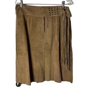 Vintage 90's Mixit Brown Suede Skirt with Built In Fringe Belt, Size 12